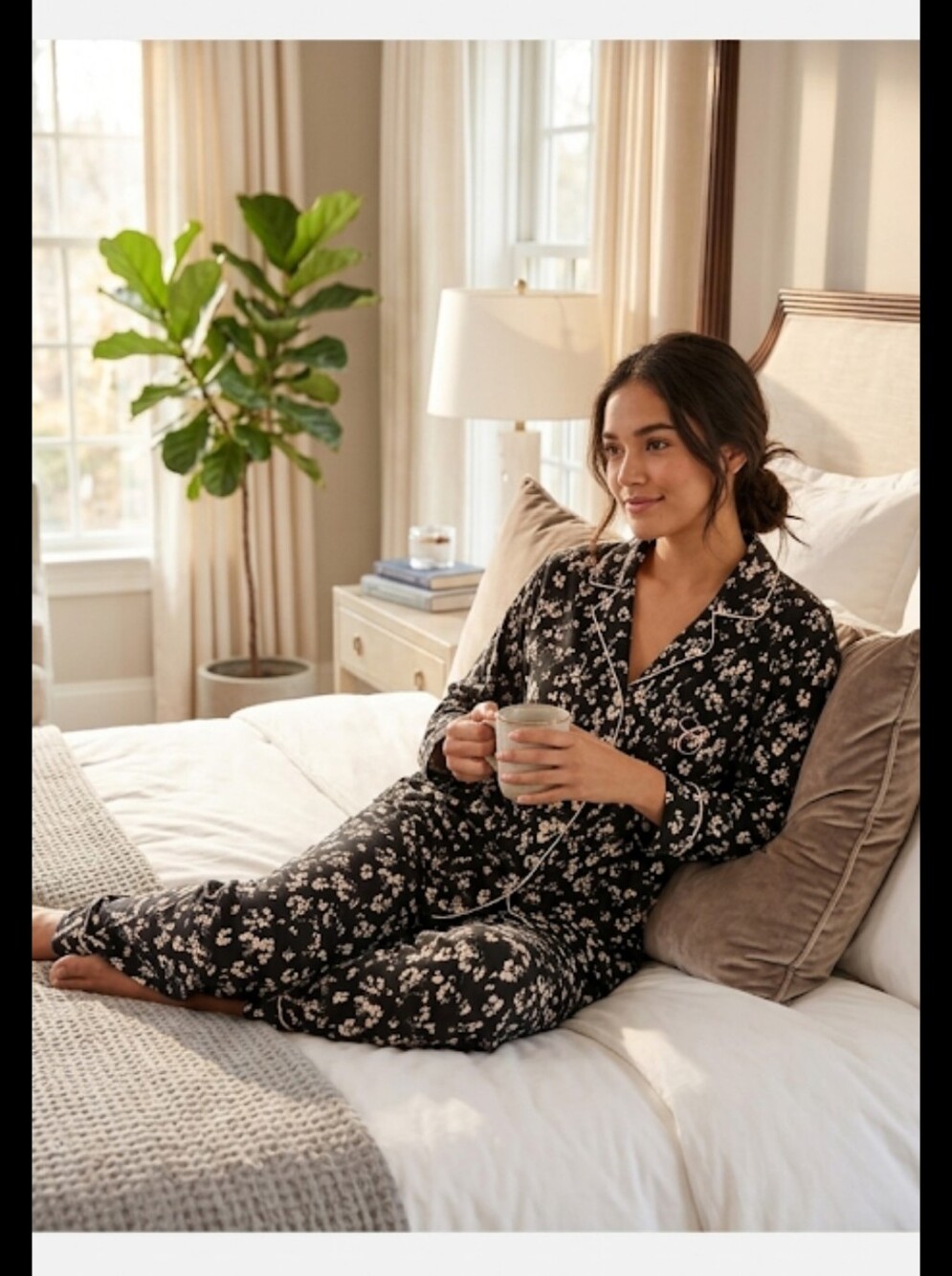 Chaps Black Floral Two-Piece Pajama Set with White Piping 100% Cotton